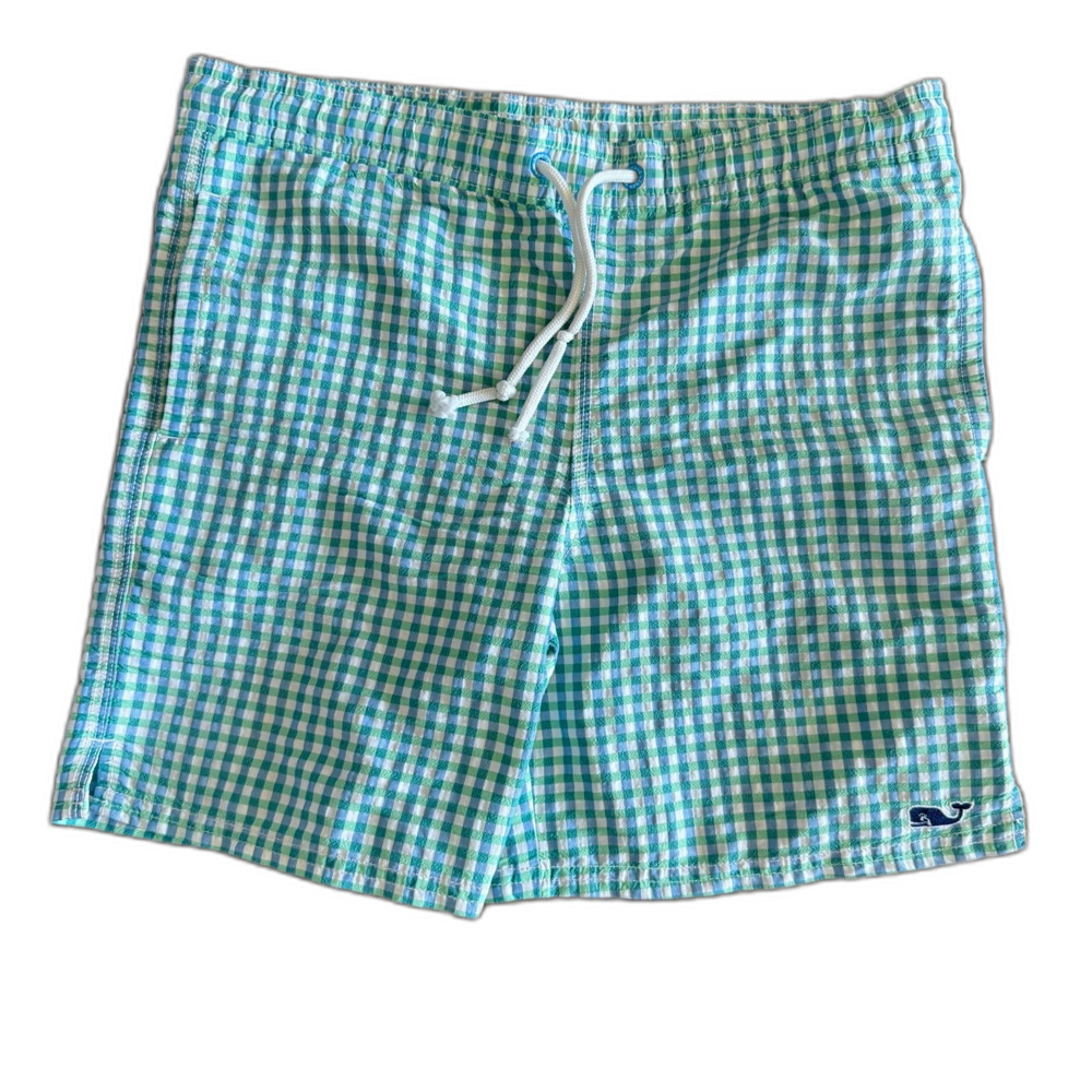 Vineyard Vines Blue & Green Plaid Seersucker Swim Trunks Boys' S (8-10)